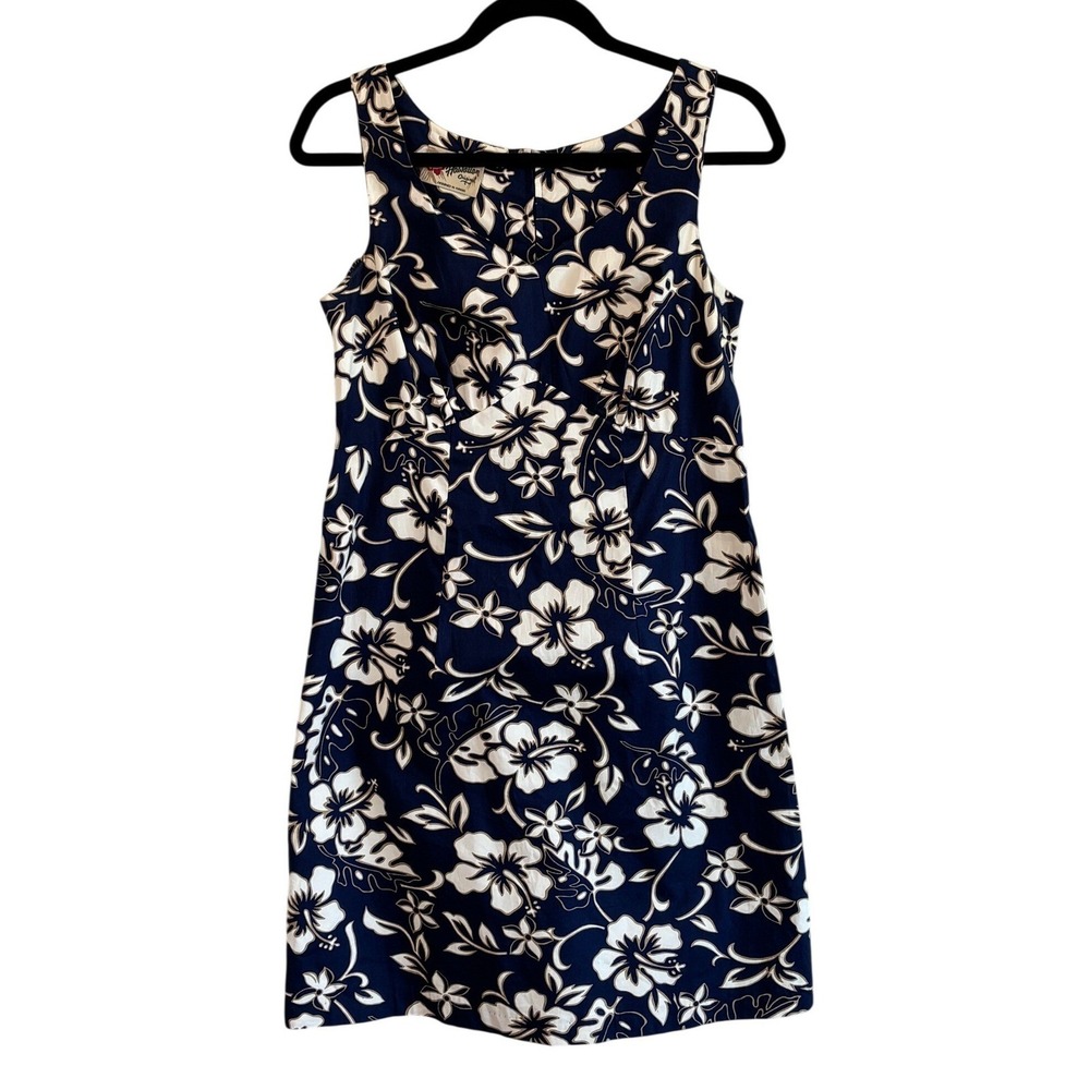 Hilo Hattie Shift Dress Navy Blue Womens 8 Hibiscus Floral Cotton Sleeveless